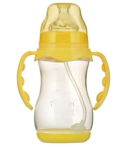 嬰之美寬口雙耳自動(dòng)圓弧PP奶瓶帶底300ML黃色