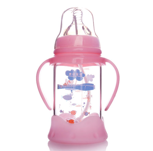 優(yōu)冠寶貝防摔寬口帶柄自動(dòng)玻璃奶瓶240ml粉色