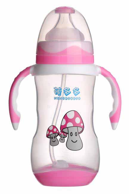 萌多多PP寬口300ml雙色紅白手柄自動奶瓶