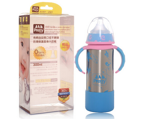 prettybaby有柄自動寬口徑不銹鋼防摔保溫直身大奶瓶330ML