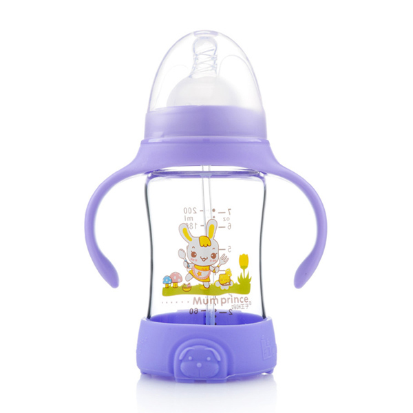 媽咪王子防摔晶鉆玻璃自動(dòng)吸寬口200ml奶瓶 紫色