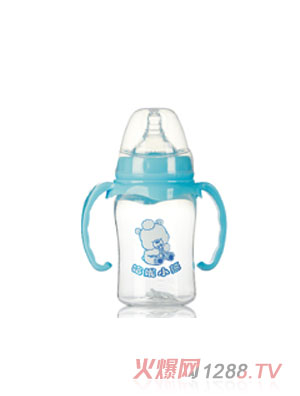哈尼小熊寬口徑收腰形雙耳PP奶瓶180ml藍(lán)色