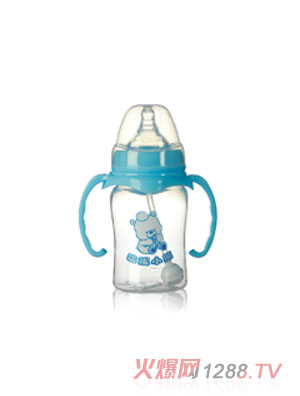 哈尼小熊寬口徑收腰形雙耳自動(dòng)PP奶瓶180ml藍(lán)色