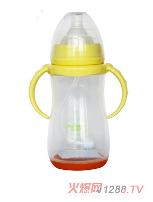 安心寶寶300ml寬口雙耳自動感溫PP奶瓶黃色
